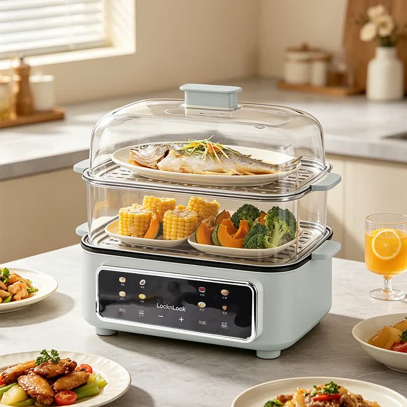 LOCK&LOCK小家电多功能蒸煮锅EJP1377GRY浅雾奶青1500W礼品